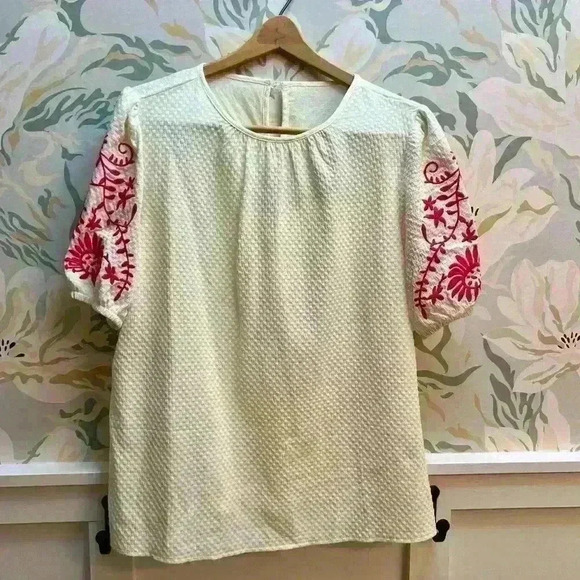 Tops - Cream Colored Blouse with Embroidered Pink Floral Design in Arms, Size XL